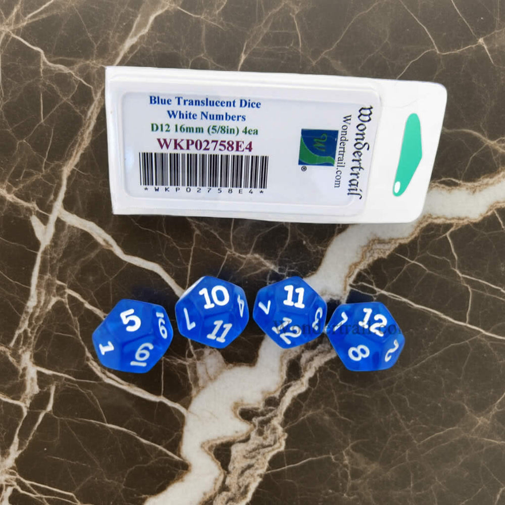 WKP02758E4 Blue Transparent Dice with White Numbers D12 16mm (5/8in) Pack of 4 Dice (ONLINE ORDER ONLY)