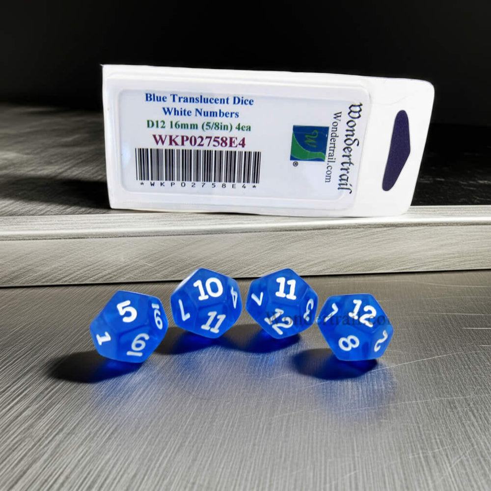 WKP02758E4 Blue Transparent Dice with White Numbers D12 16mm (5/8in) Pack of 4 Dice (ONLINE ORDER ONLY)