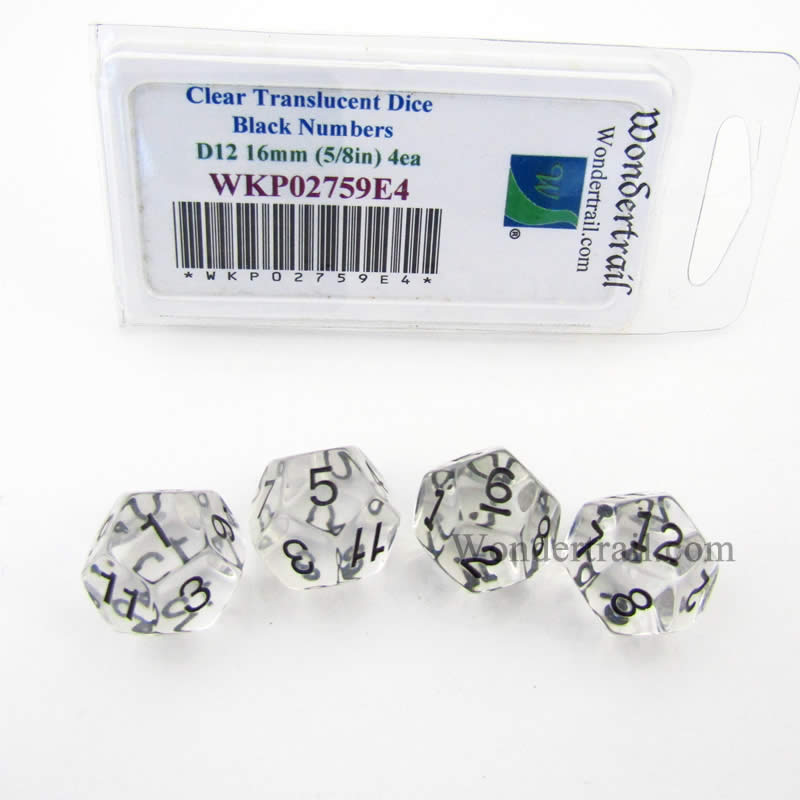 WKP02759E4 Clear Transparent Dice Black Numbers D12 16mm Pack of 4 (ONLINE ORDER ONLY)