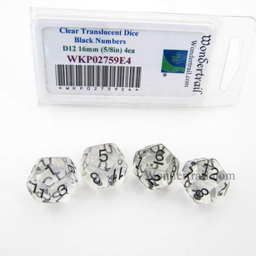 WKP02759E4 Clear Transparent Dice Black Numbers D12 16mm Pack of 4 (ONLINE ORDER ONLY)