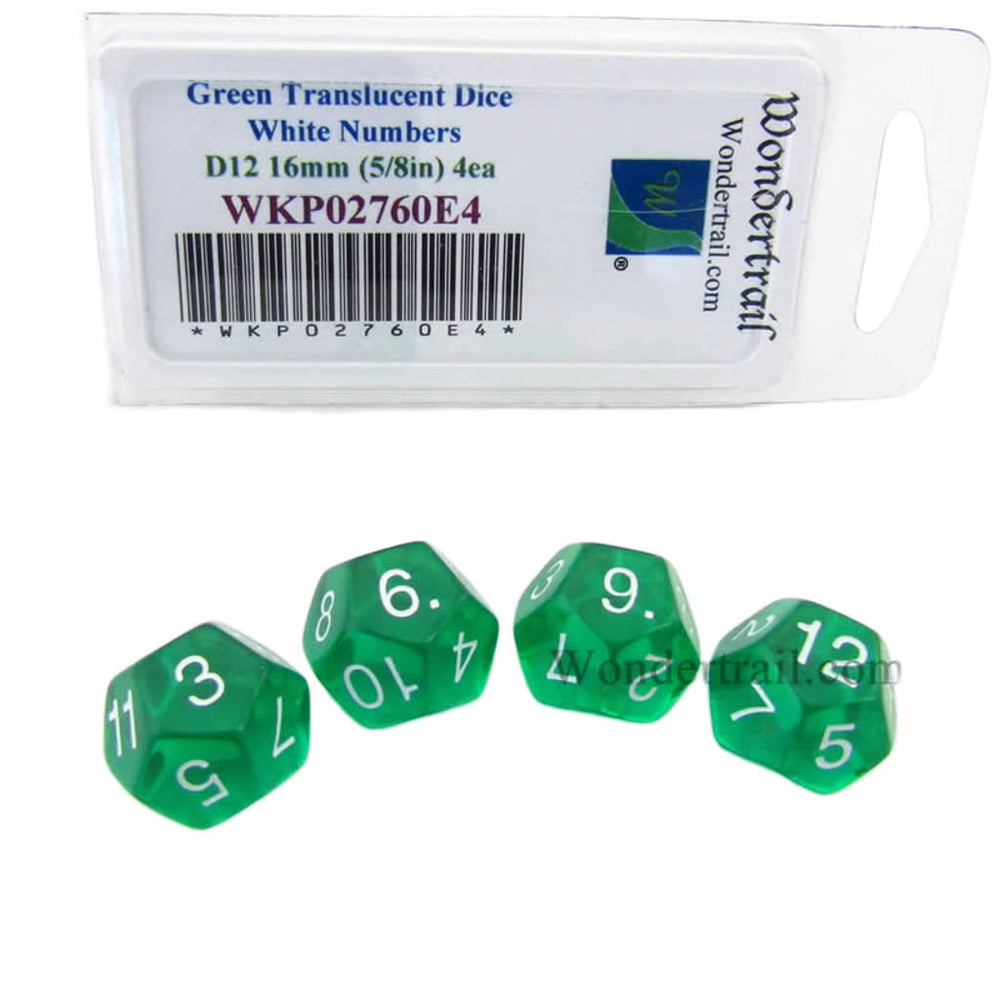 WKP02760E4 Green Transparent Dice White Numbers D12 16mm Pack of 4 (ONLINE ORDER ONLY)