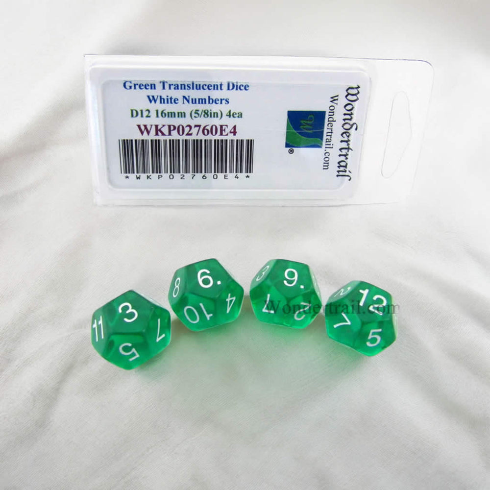 WKP02760E4 Green Transparent Dice White Numbers D12 16mm Pack of 4 (ONLINE ORDER ONLY)