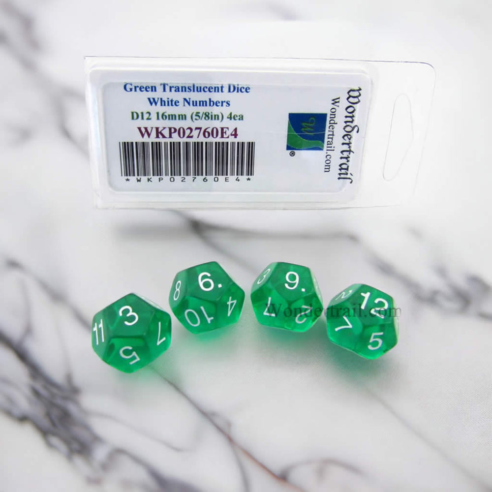 WKP02760E4 Green Transparent Dice White Numbers D12 16mm Pack of 4 (ONLINE ORDER ONLY)