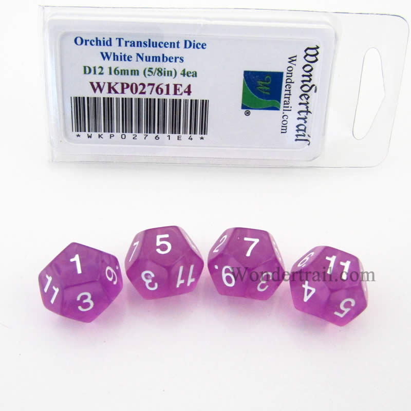 WKP02761E4 Orchid Transparent Dice White Numbers D12 16mm Pack of 4 (ONLINE ORDER ONLY)