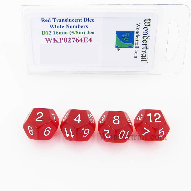 WKP02764E4 Red Transparent Dice White Numbers D12 16mm Pack of 4 (ONLINE ORDER ONLY)