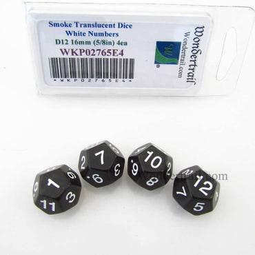 WKP02765E4 Smoke Transparent Dice White Numbers D12 16mm Pack of 4 (ONLINE ORDER ONLY)