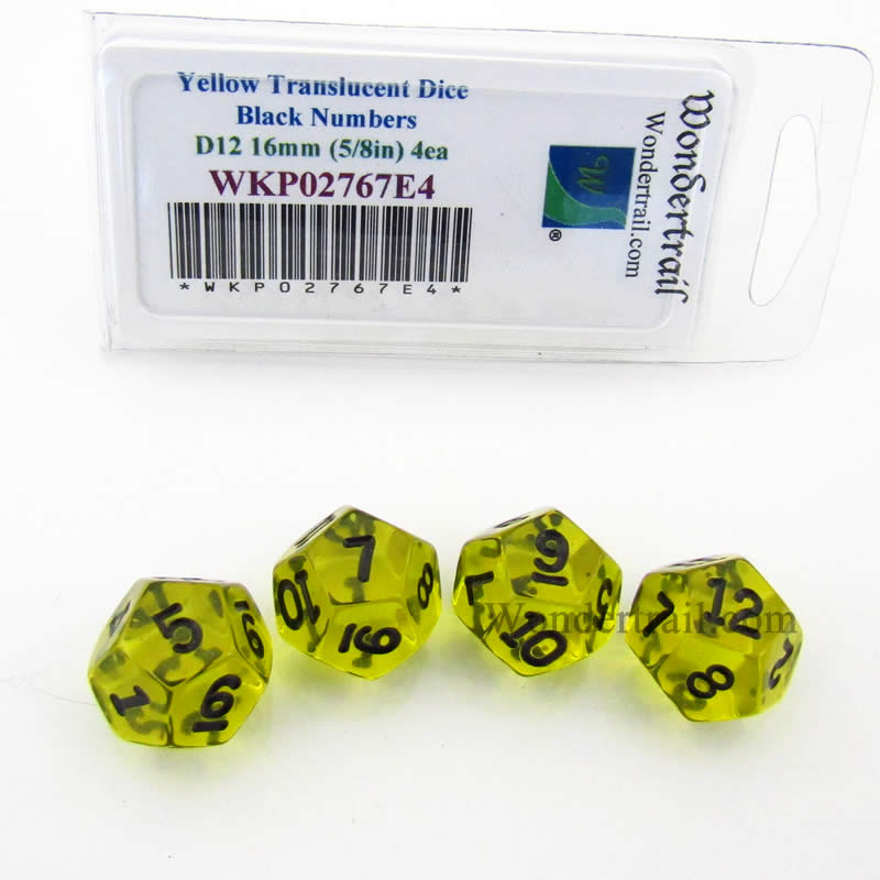 WKP02767E4 Yellow Transparent Dice Black Numbers D12 16mm Pack of 4 (ONLINE ORDER ONLY)