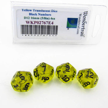 WKP02767E4 Yellow Transparent Dice Black Numbers D12 16mm Pack of 4 (ONLINE ORDER ONLY)
