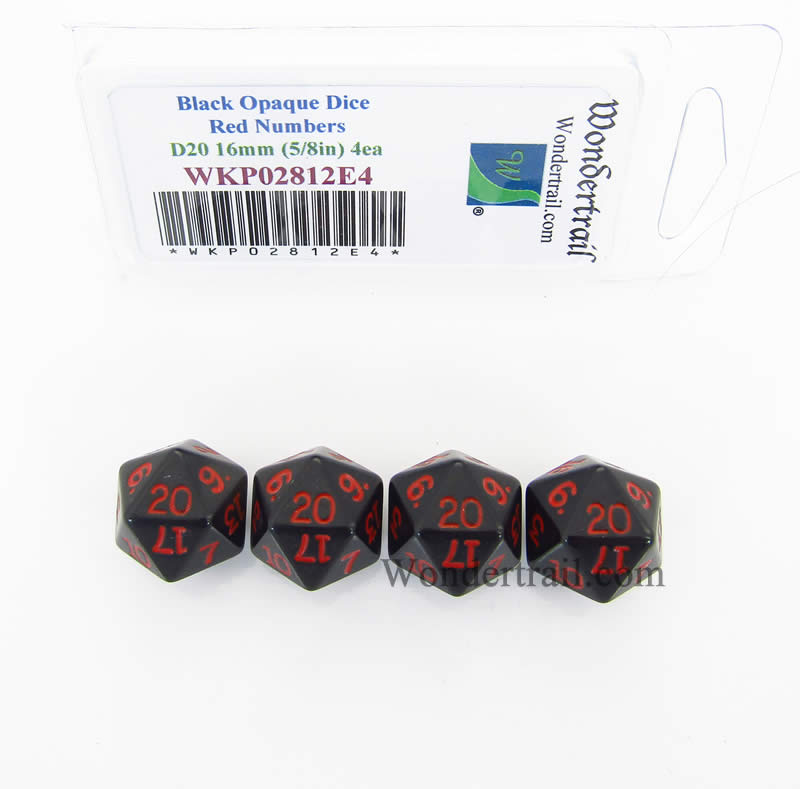 WKP02812E4 Black Opaque Dice Red Numbers D20 16mm Pack of 4 (ONLINE ORDER ONLY)