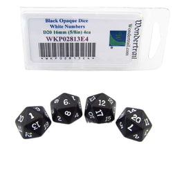 WKP02813E4 Black Opaque Dice White Numbers D20 16mm Pack of 4 (ONLINE ORDER ONLY)