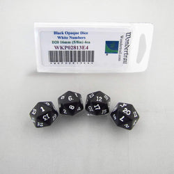 WKP02813E4 Black Opaque Dice White Numbers D20 16mm Pack of 4 (ONLINE ORDER ONLY)