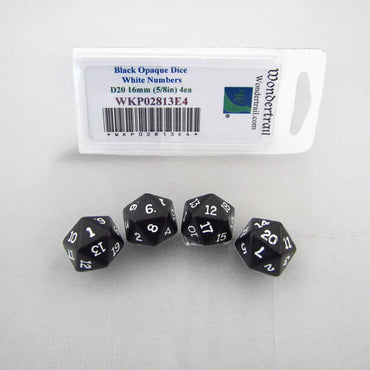 WKP02813E4 Black Opaque Dice White Numbers D20 16mm Pack of 4 (ONLINE ORDER ONLY)
