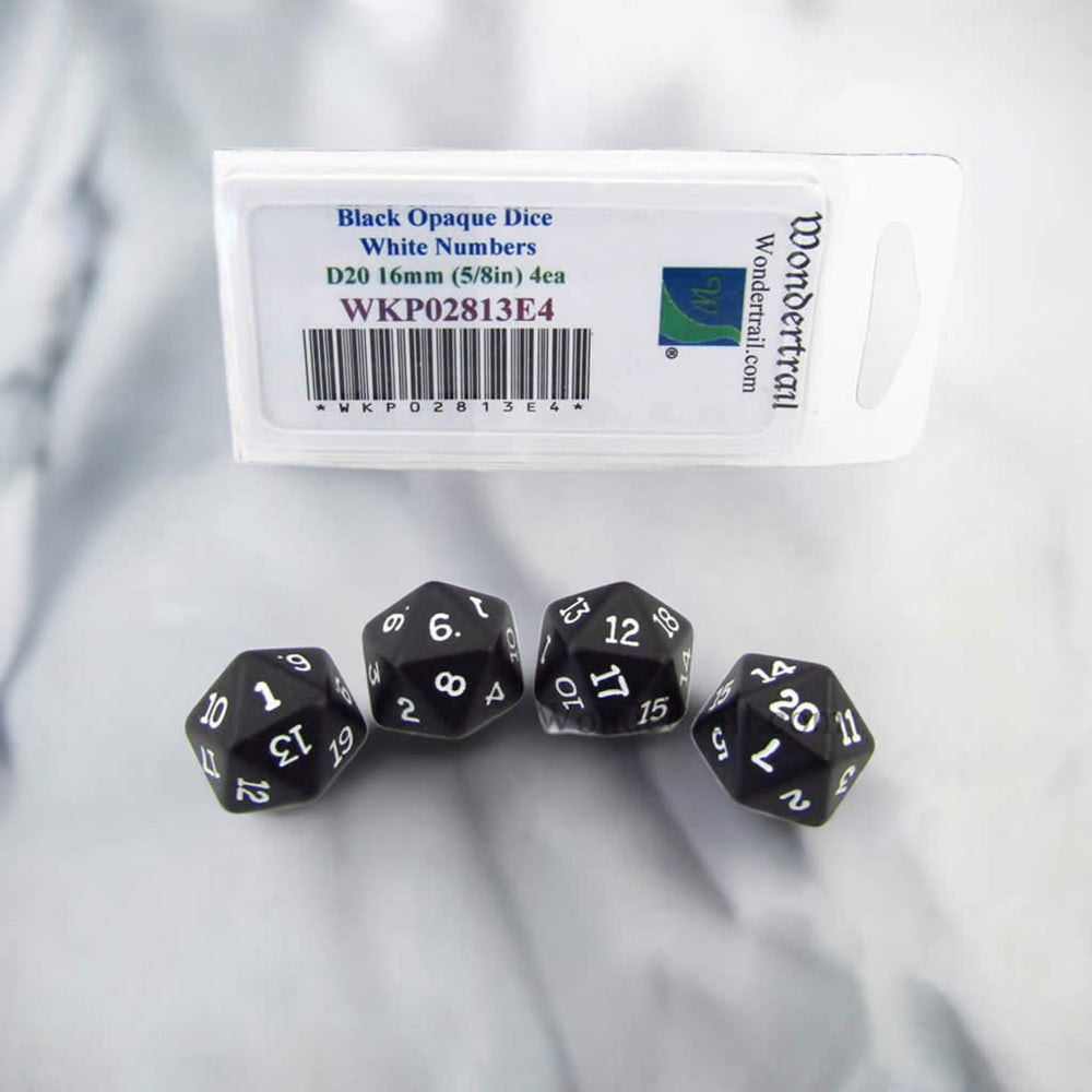 WKP02813E4 Black Opaque Dice White Numbers D20 16mm Pack of 4 (ONLINE ORDER ONLY)