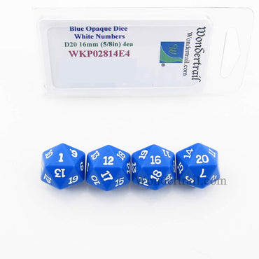 WKP02814E4 Blue Opaque Dice White Numbers D20 16mm (5/8in) Pack of 4 (ONLINE ORDER ONLY)