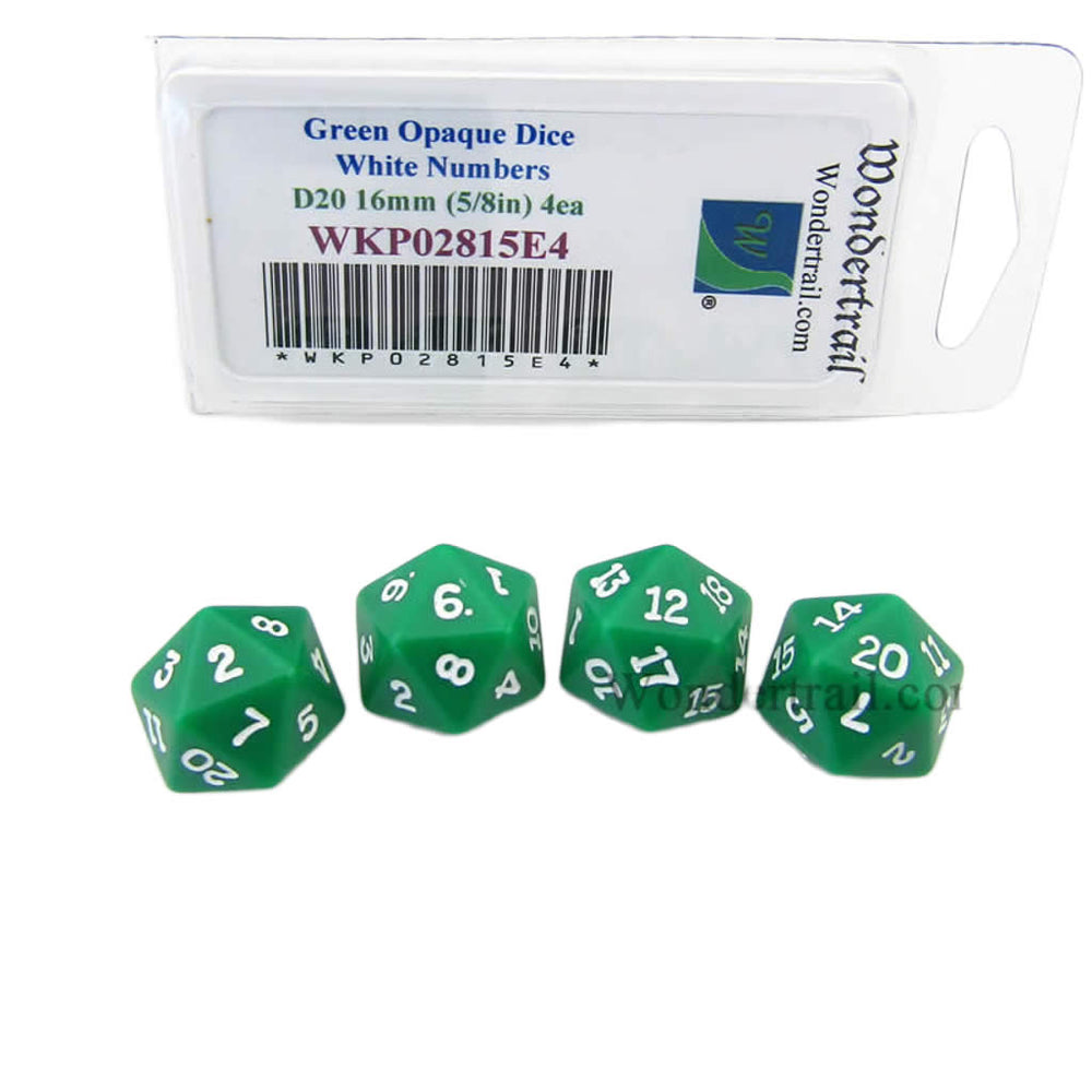 WKP02815E4 Green Opaque Dice with White Numbers D20 16mm (5/8in) Pack of 4 Dice (ONLINE ORDER ONLY)