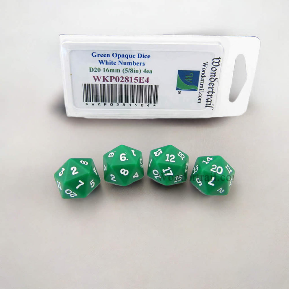 WKP02815E4 Green Opaque Dice with White Numbers D20 16mm (5/8in) Pack of 4 Dice (ONLINE ORDER ONLY)