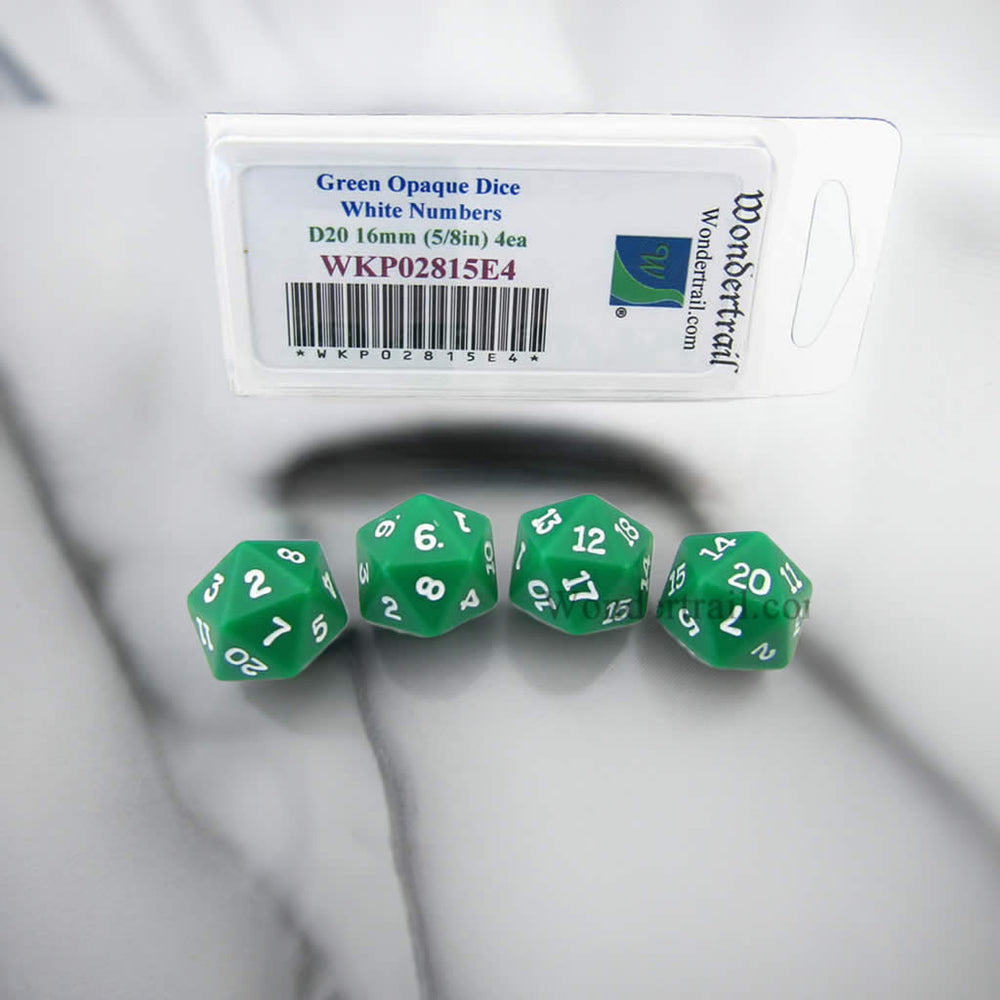 WKP02815E4 Green Opaque Dice with White Numbers D20 16mm (5/8in) Pack of 4 Dice (ONLINE ORDER ONLY)