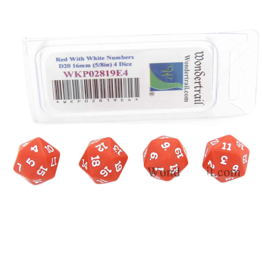 WKP02819E4 Red Opaque Dice with White Numbers D20 16mm (5/8in) Pack of 4 Dice (ONLINE ORDER ONLY)