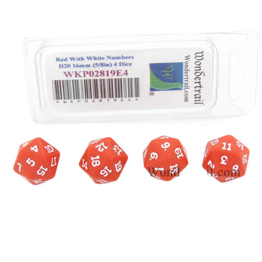 WKP02819E4 Red Opaque Dice with White Numbers D20 16mm (5/8in) Pack of 4 Dice (ONLINE ORDER ONLY)