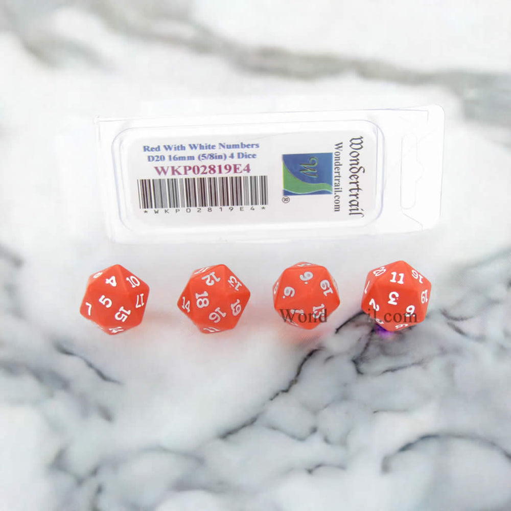 WKP02819E4 Red Opaque Dice with White Numbers D20 16mm (5/8in) Pack of 4 Dice (ONLINE ORDER ONLY)