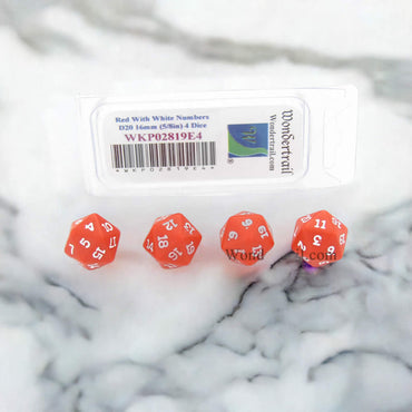 WKP02819E4 Red Opaque Dice with White Numbers D20 16mm (5/8in) Pack of 4 Dice (ONLINE ORDER ONLY)