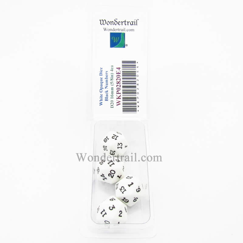 WKP02820E4 White Opaque Dice Black Numbers D20 16mm Pack of 4 (ONLINE ORDER ONLY)
