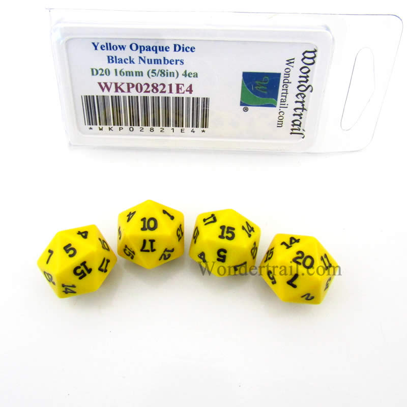 WKP02821E4 Yellow Opaque Dice Black Numbers D20 16mm Pack of 4 (ONLINE ORDER ONLY)