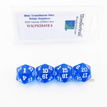 WKP02845E4 Blue Transparent Dice White Numbers D20 16mm Pack of 4 (ONLINE ORDER ONLY)