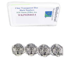 WKP02846E4 Clear Transparent Dice Black Numbers D20 16mm Pack of 4 (ONLINE ORDER ONLY)
