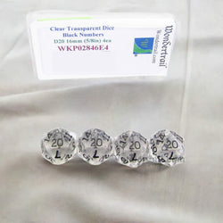 WKP02846E4 Clear Transparent Dice Black Numbers D20 16mm Pack of 4 (ONLINE ORDER ONLY)
