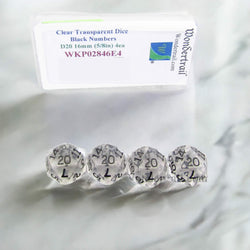 WKP02846E4 Clear Transparent Dice Black Numbers D20 16mm Pack of 4 (ONLINE ORDER ONLY)