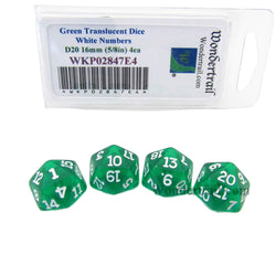 WKP02847E4 Green Transparent Dice White Numbers D20 16mm Pack of 4 (ONLINE ORDER ONLY)