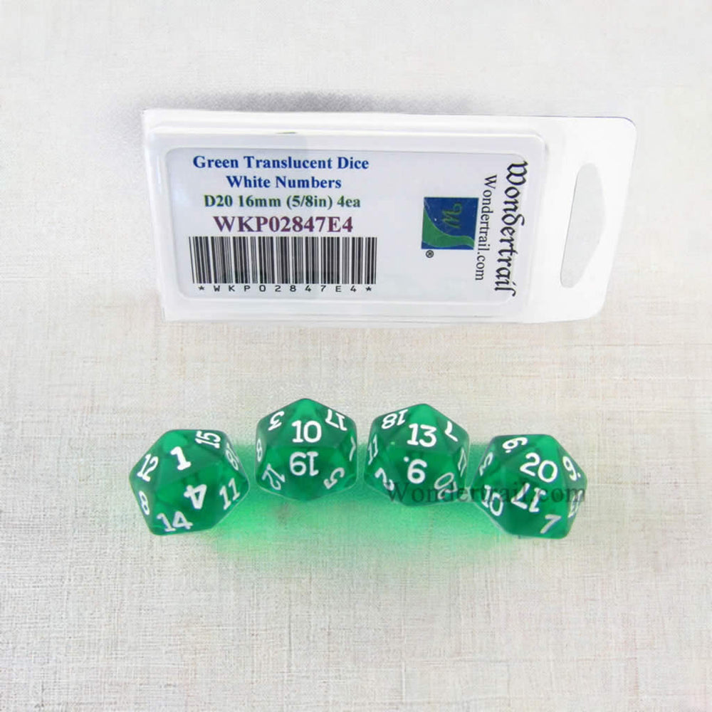 WKP02847E4 Green Transparent Dice White Numbers D20 16mm Pack of 4 (ONLINE ORDER ONLY)