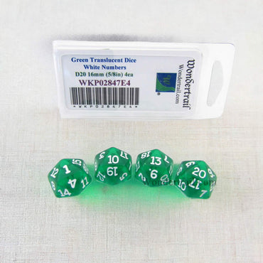 WKP02847E4 Green Transparent Dice White Numbers D20 16mm Pack of 4 (ONLINE ORDER ONLY)