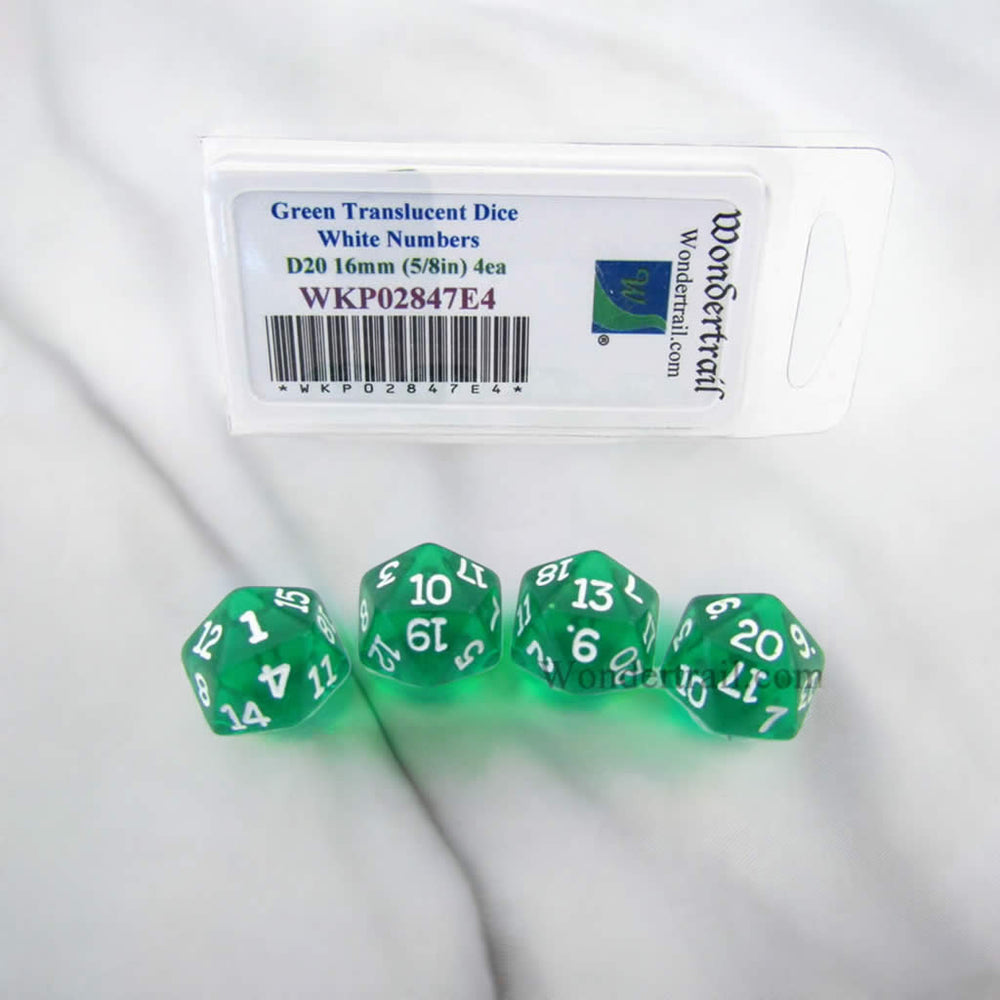 WKP02847E4 Green Transparent Dice White Numbers D20 16mm Pack of 4 (ONLINE ORDER ONLY)