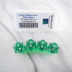 WKP02847E4 Green Transparent Dice White Numbers D20 16mm Pack of 4 (ONLINE ORDER ONLY)