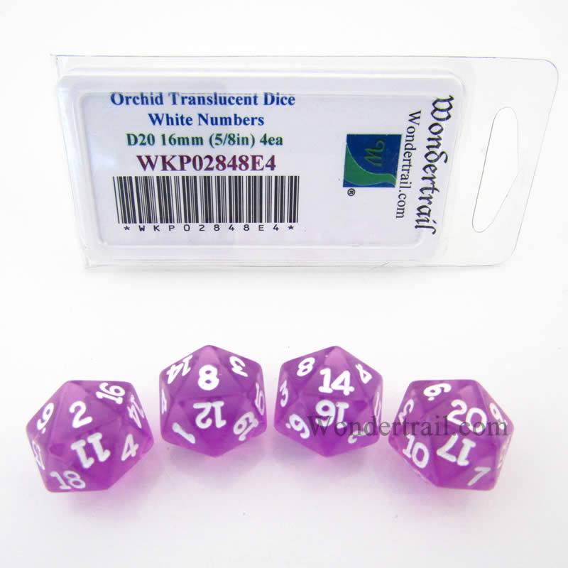 WKP02848E4 Orchid Transparent Dice White Numbers D20 16mm Pack of 4 (ONLINE ORDER ONLY)