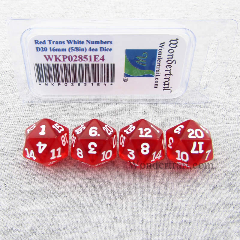 WKP02851E4 Red Transparent Dice White Numbers D20 16mm Pack of 4 (ONLINE ORDER ONLY)