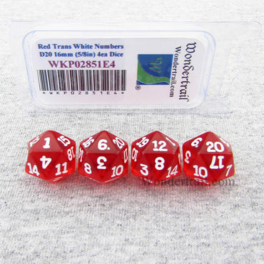 WKP02851E4 Red Transparent Dice White Numbers D20 16mm Pack of 4 (ONLINE ORDER ONLY)