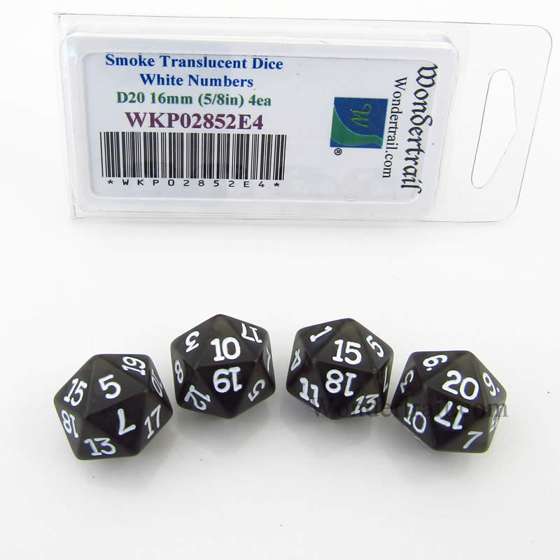 WKP02852E4 Smoke Transparent Dice White Numbers D20 16mm Pack of 4 (ONLINE ORDER ONLY)