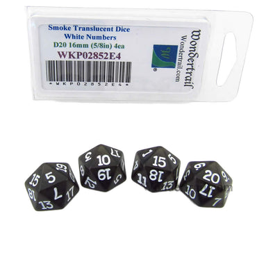 WKP02852E4 Smoke Transparent Dice White Numbers D20 16mm Pack of 4 (ONLINE ORDER ONLY)