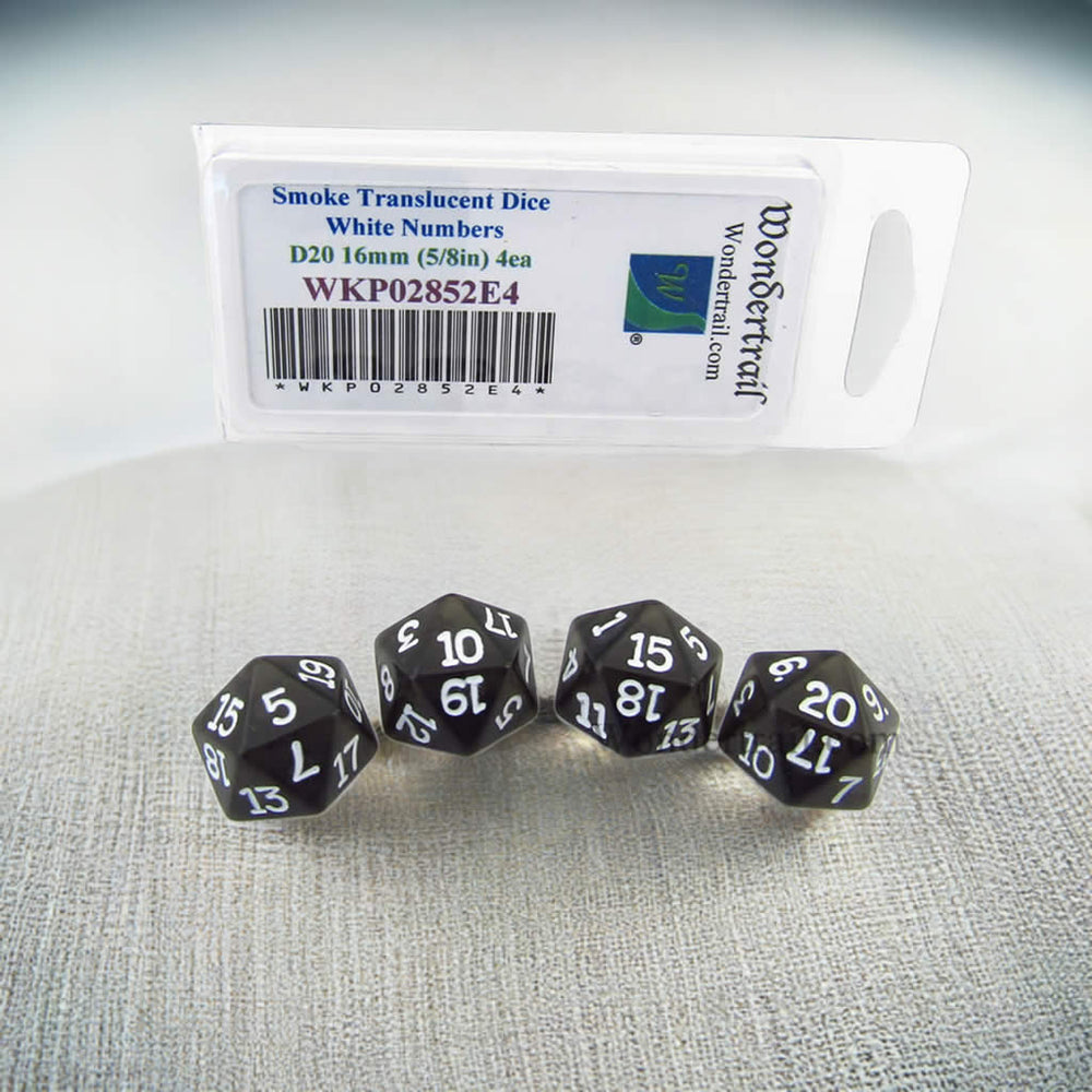 WKP02852E4 Smoke Transparent Dice White Numbers D20 16mm Pack of 4 (ONLINE ORDER ONLY)