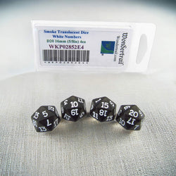 WKP02852E4 Smoke Transparent Dice White Numbers D20 16mm Pack of 4 (ONLINE ORDER ONLY)