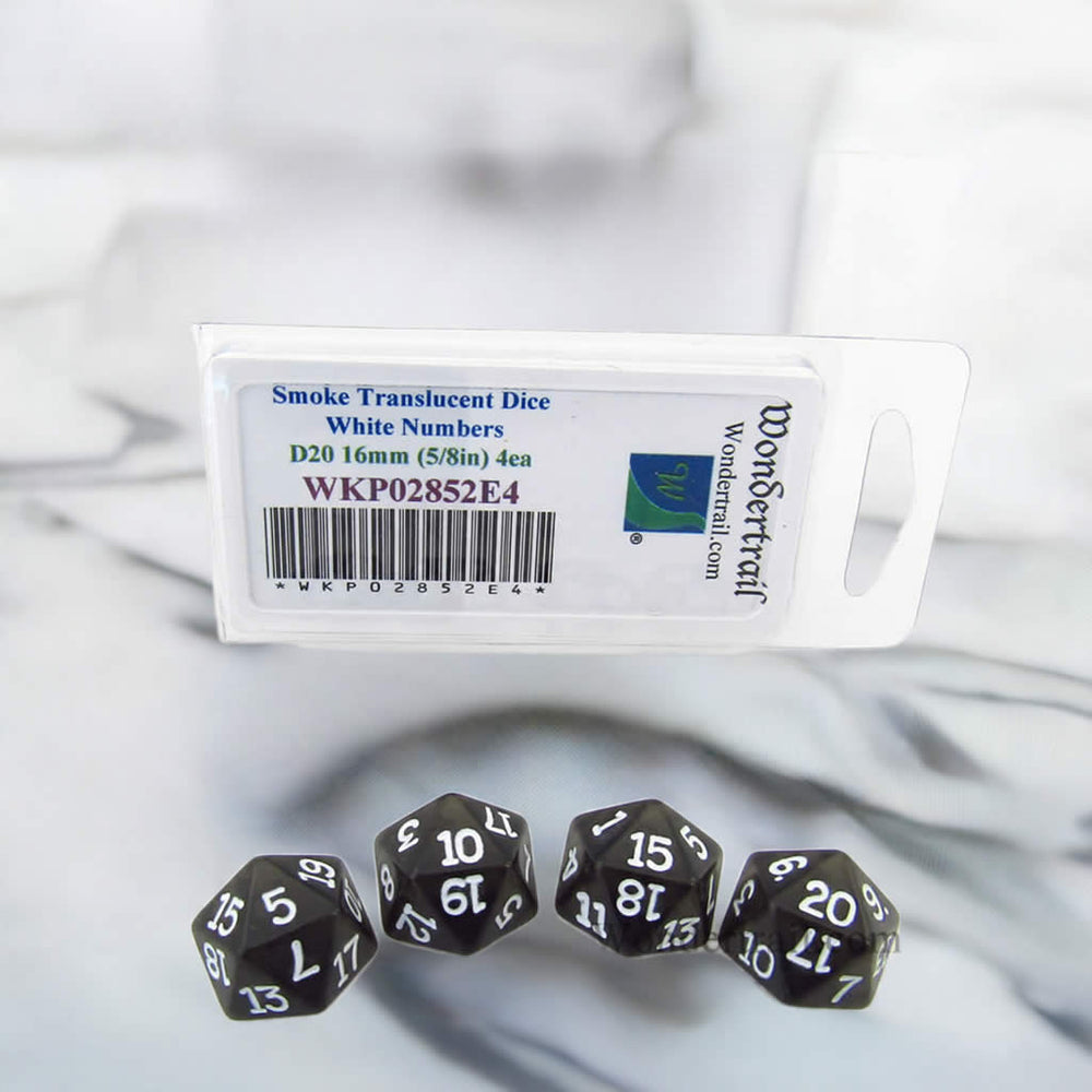 WKP02852E4 Smoke Transparent Dice White Numbers D20 16mm Pack of 4 (ONLINE ORDER ONLY)