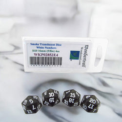 WKP02852E4 Smoke Transparent Dice White Numbers D20 16mm Pack of 4 (ONLINE ORDER ONLY)