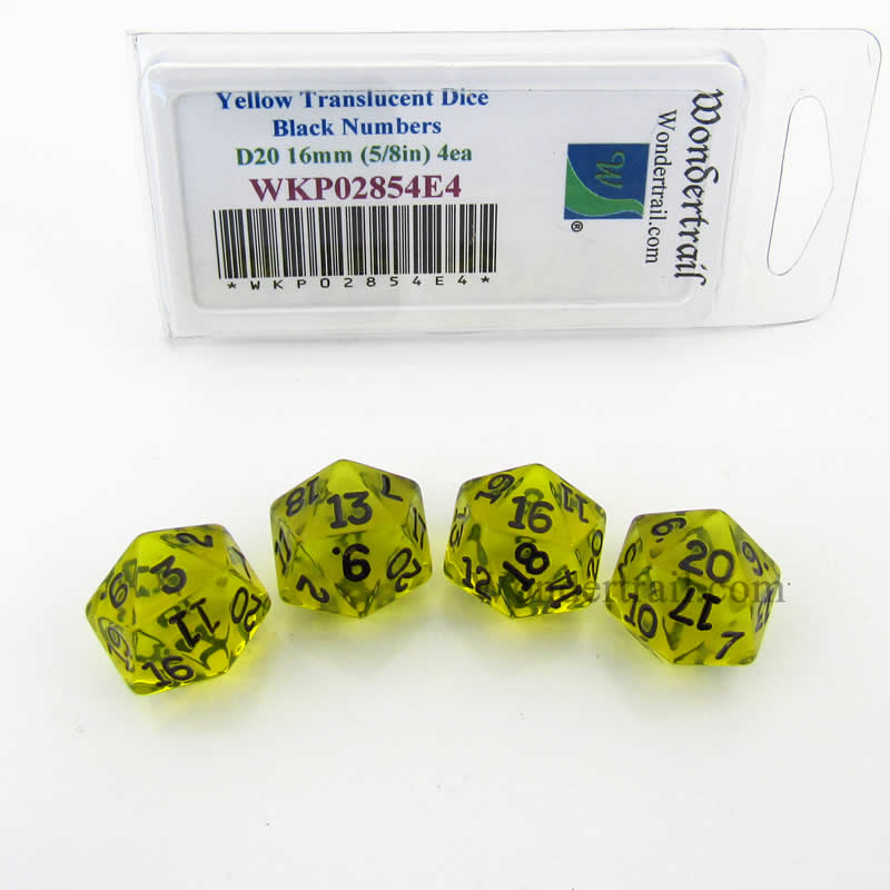 WKP02854E4 Yellow Transparent Dice Black Numbers D20 16mm Pack of 4 (ONLINE ORDER ONLY)