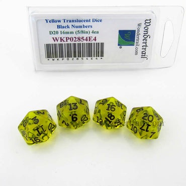 WKP02854E4 Yellow Transparent Dice Black Numbers D20 16mm Pack of 4 (ONLINE ORDER ONLY)