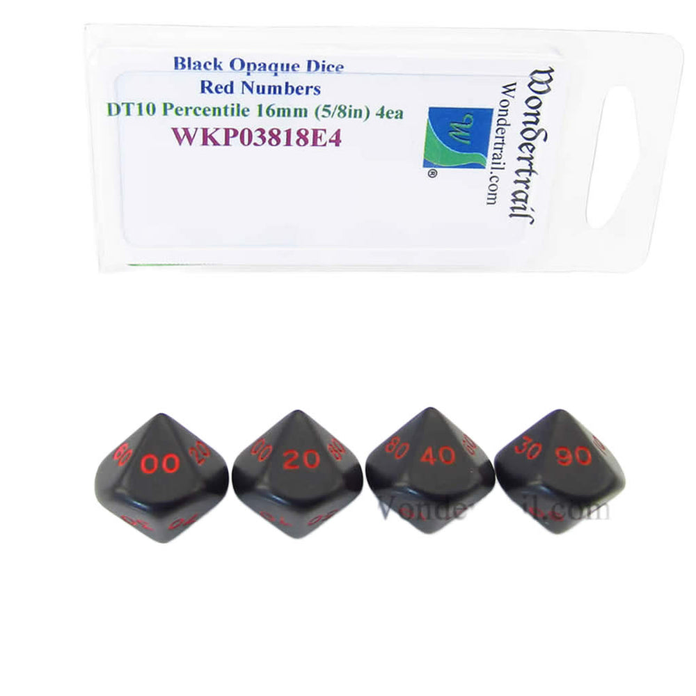 WKP03818E4 Black Opaque Dice Red Numbers DT10 16mm Pack of 4 (ONLINE ORDER ONLY)