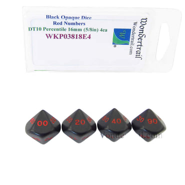 WKP03818E4 Black Opaque Dice Red Numbers DT10 16mm Pack of 4 (ONLINE ORDER ONLY)