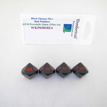 WKP03818E4 Black Opaque Dice Red Numbers DT10 16mm Pack of 4 (ONLINE ORDER ONLY)